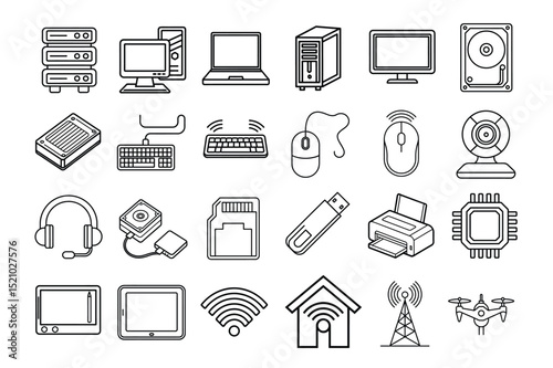 A grid of outlined icons representing various computer and technology equipment. It includes server towers, a desktop computer, a laptop, a monitor, a hard drive, a keyboard and more