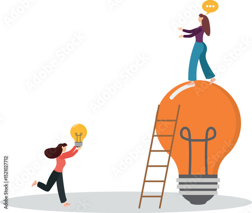 woman putting light bulb ideas, books and rocket booster into human head to upgrade working skill.