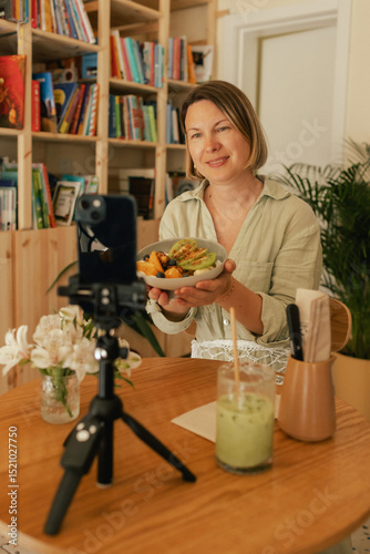 Middle-aged woman is video blogging in a cafe on a phone with a tripod. Small business. Using phone for business, online shopping, transfer money, financial, internet banking. Part of a series