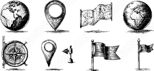Engraved illustration of globe location icon with compass and flag marker. Vintage map design featuring navigation symbols, pinpoint destination, and detailed cartography sketch.