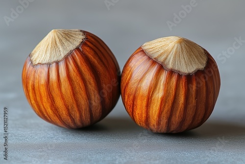 Hazelnut in shell captured in macro on neutral grey background, highlighting natural texture and detail