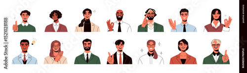 Happy business people avatars set. Smiling male and female employees, head portraits. Cheerful friendly office workers with positive expressions. Flat vector illustrations isolated on white background