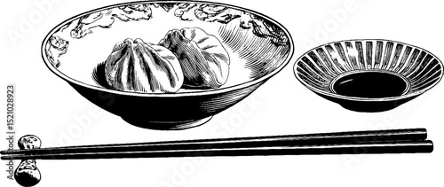 Engraved gyoza illustration with dipping sauce and chopsticks for culinary design