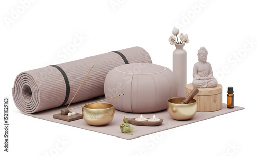 Yoga and Meditation Still Life with Mat, Cushion, Buddha Statue and Singing Bowls | Relaxing Wellness Composition for Spa Marketing and Mental Health Promotion
