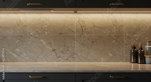 Modern kitchen backsplash features elegant marble look with ambient lighting and dark cabinetry for a sophisticated touch