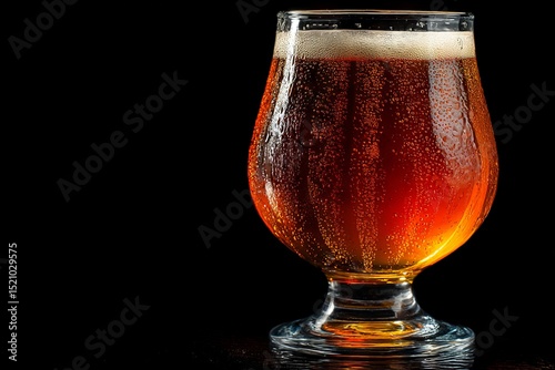 Crispy amber beverage in a glass showcasing bubbles and rich coloration on a dark backdrop