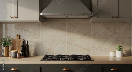 Elegant designer kitchen backsplash featuring a marble look with modern appliances and tasteful decor