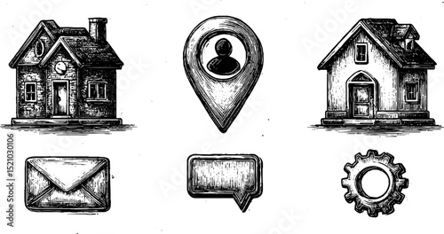 Engraved illustration set of home and communication icons for print design