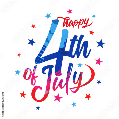 Happy 4th of July greeting card with colorful brush stroke lettering. Fourth of July typography, Independence Day USA creative banner template. Vector illustration