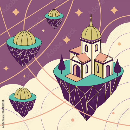 Illustration of a floating island with a building and trees surrounded by floating orbs and stars