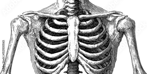 Engraved illustration set of human torso and ribs for medical education and anatomy studies