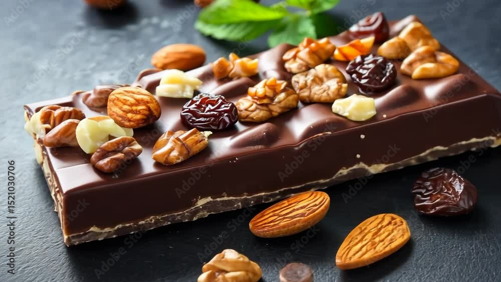 Generative 4k video. Chocolate bar topped with assorted nuts and dried fruits, showcasing a rich texture and vibrant colors, perfect for dessert lovers and healthy snacking options