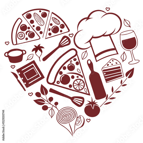 Heart shaped food and cooking elements illustration with pizza and chef hat and wine glass design