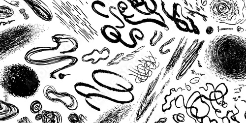 Abstract ink scribbles and patterns set for artistic design