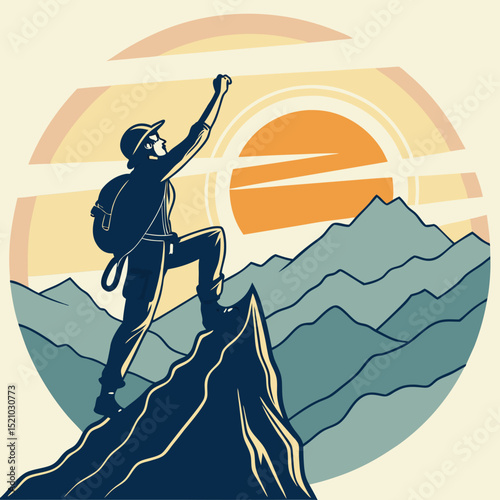 Silhouette of a climber reaching the peak with mountains and sun in the background in a circular frame