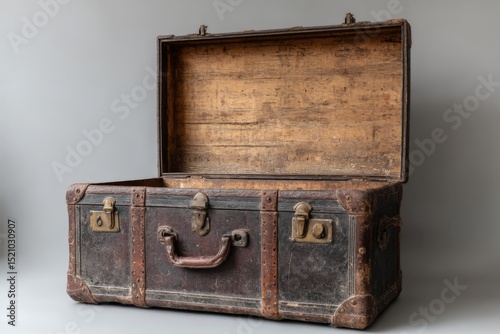 Vintage wooden trunk with metal accents displayed in an artistic setting, showcasing its weathered charm and history