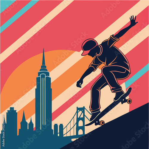 Skateboarder silhouette against a cityscape with a bridge and a striped sunset background design
