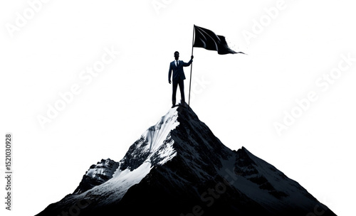 Successful Businessman on Mountain Peak with Flag | Achievement, Leadership, and Ambition Concept for Motivation and Success Imagery
