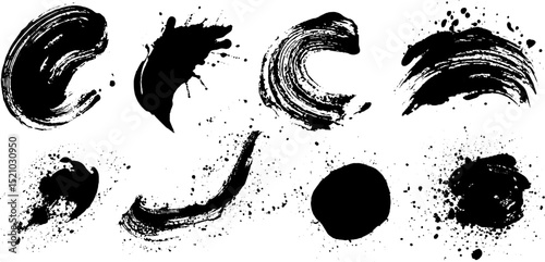 Dynamic set of engraved ink splashes and brush strokes for creative design projects