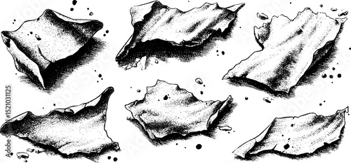 Engraved illustration set of jagged paper tears for art and design projects