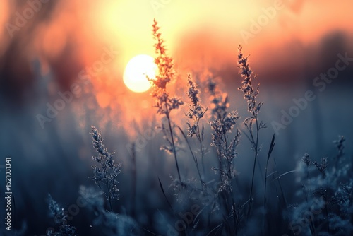 Serene sunset scene with frost-covered grass, a magical moment of nature's beauty. photo