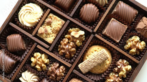 Top-down cinematic orbit of assorted gourmet confections in a wooden box