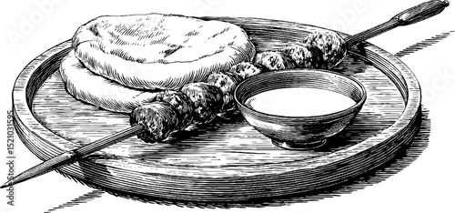 Engraved illustration of kebab skewer with pita and dipping sauce. Rustic vintage design featuring detailed Middle Eastern cuisine on a plate.
