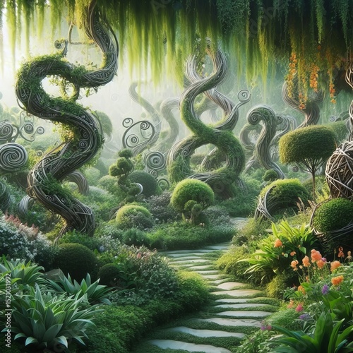 A garden where vines grow written words twisting and curling lik