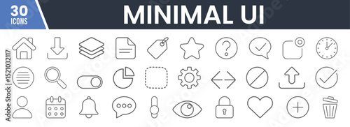 Set of 30 Line Icons Related to Minimal UI, Interface Design, Navigation, Controls, Search, Settings, Notifications, Actions, Editable Stroke. Vector Illustration