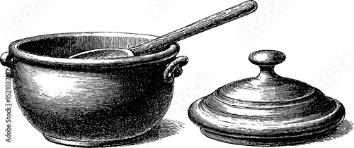 Vintage engraved illustration of a ladle and deep pot for culinary design