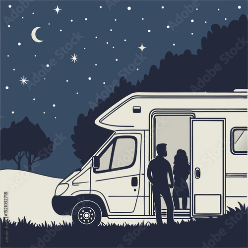 Couple stands in rv doorway under starry night sky with moon and trees in background landscape scene view