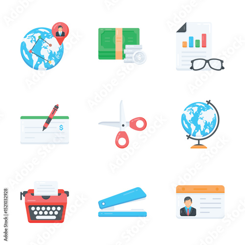 Get this handy bundle of office supplies, flat style icons