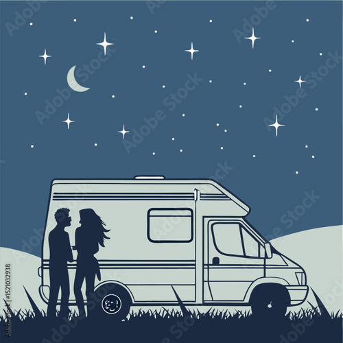 Couple standing near camper van under a starry night sky with a crescent moon illustration design