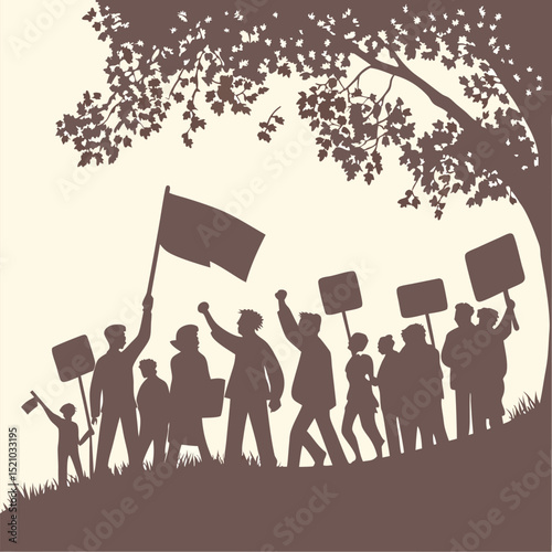 Silhouette of a group of people protesting with signs and a flag under a tree in a vintage style