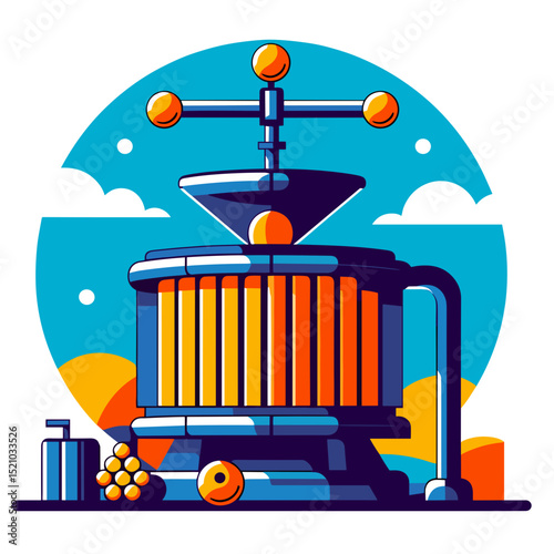 Manual grape press illustration with vibrant colors and abstract design on a transparent background