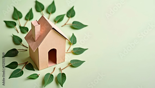 Eco-friendly paper house with green leaves on pastel background. Concept of sustainability, green living, and ecology.