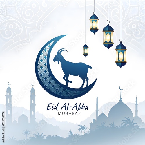 Elegant islamic eid al-adha mubarak celebration with crescent goat lanterns and mosque silhouettes