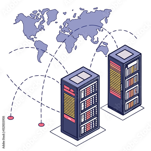 Isometric servers connected globally with world map and dashed lines on a white background design