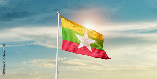 Konstfotografi Myanmar national flag waving in beautiful sky with mast