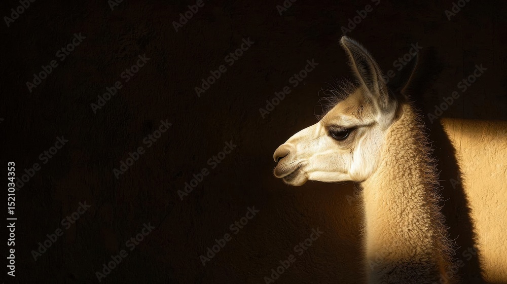 Obraz premium Close-up of a llama's head and neck. the llama is facing towards the right side of the image, with its head turned slightly to the left.