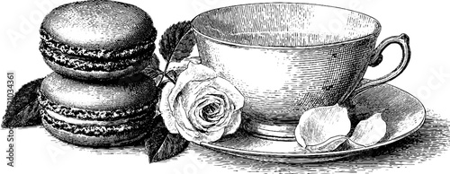 Engraved illustration of macaron stack with rose and teacup for elegant design