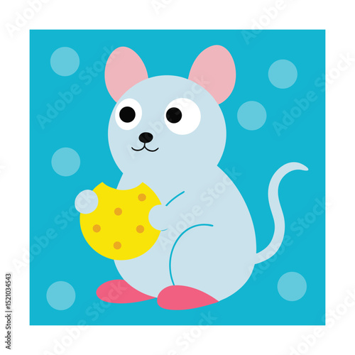 Cute Mouse Holding Cheese on Polka Dot Fabric
