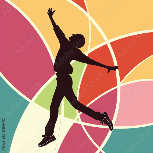 Silhouette of a person jumping against a colorful abstract background with curved shapes design art