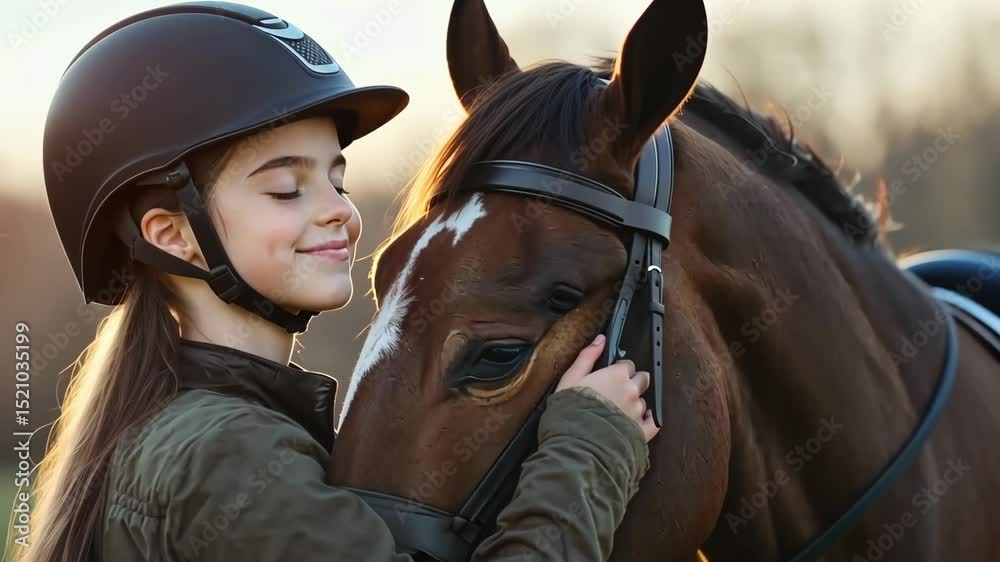 Generative 4k video. Young equestrian girl is gently embracing her horse in a serene outdoor setting, showcasing the bond between rider and animal in a warm, natural light