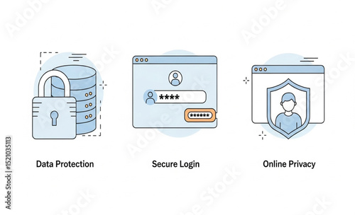 Data Protection Secure Login and Online Privacy Set | Thin Line Style Computer Security Icons for Website and App Design