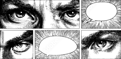 Dynamic comic panel with engraved manga eyes and speech bubbles for artistic projects