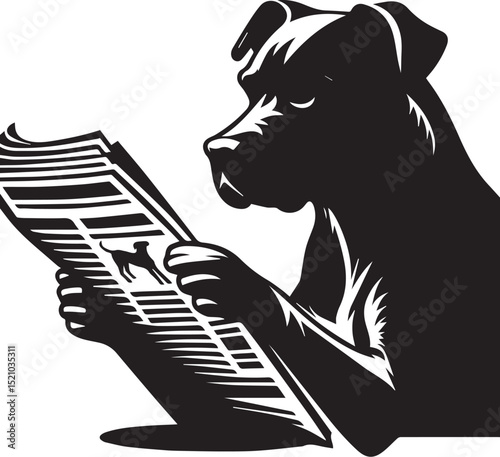 A studious Labrador Retriever engrossed in reading a newspaper perched atop a stack of books, a charming black and white illustration.