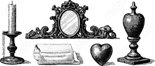Vintage engraved illustration of mantel frame, candle holder, and decorative objects for antique design