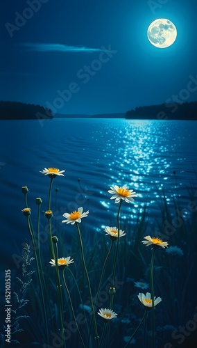 Serene moonlit lake with blooming daisies – tranquil night landscape nature wallpaper