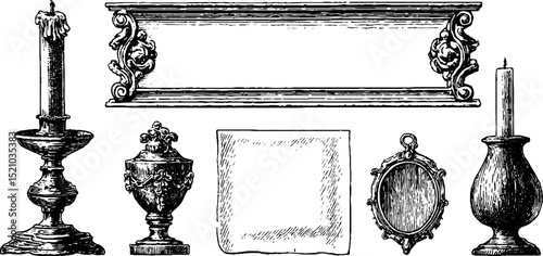 Engraved illustration set of antique mantel frames and iron candle holders. Vintage decorative elements in classic style with ornate detailing